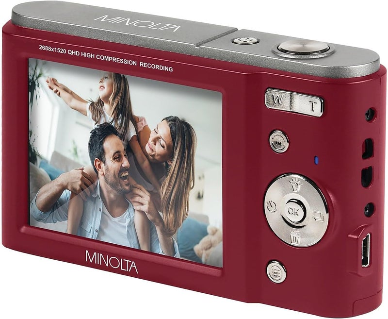 Minolta كاميرا رقمية MND20 بدقة 44 ميجابكسل – فيديو بدقة 2.7K Ultra HD، زوم رقمي 16X، تثبيت مضاد للاهتزاز، تصوير زمني، كشف الوجوه، شاشة LCD بحجم 2.9 بوصة – كاميرا خفيفة الوزن ومضغوطة (أحمر) - Image 4